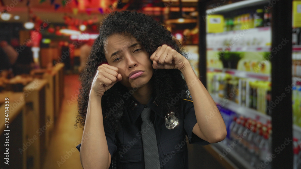 Fototapeta premium Young hispanic police officer in dark blue uniform with badge pressing fists against eyes in building corridor beside refrigerated display; sadness.