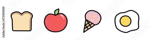 A Colorful Assortment of Food Icons Bread, Apple, Ice Cream, and Fried Egg for Design