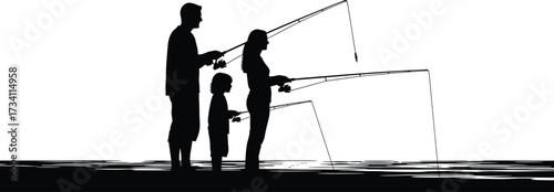 Silhouette adult and children fishing together by water, family bonding moment, outdoor recreation, black vector illustration, peaceful nature activity scene
