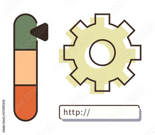 Vertical progress bar, yellow gear, and URL input bar emphasize navigation, settings, and workflow. Ideal for technology, automation, development, SEO system update productivity simple flat