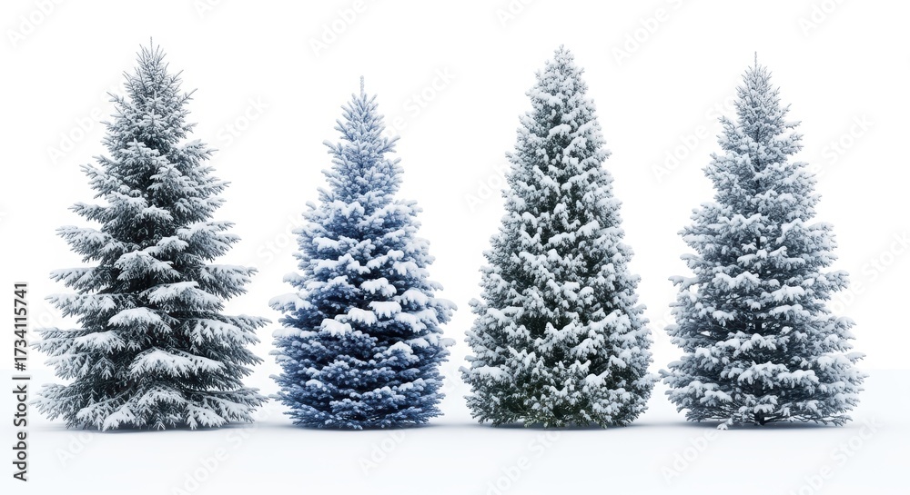 Fototapeta premium Four snow-covered evergreen trees on white background. Each conifer displays thick layers of pristine snow on branches, creating beautiful winter specimens. Perfect for holidays.