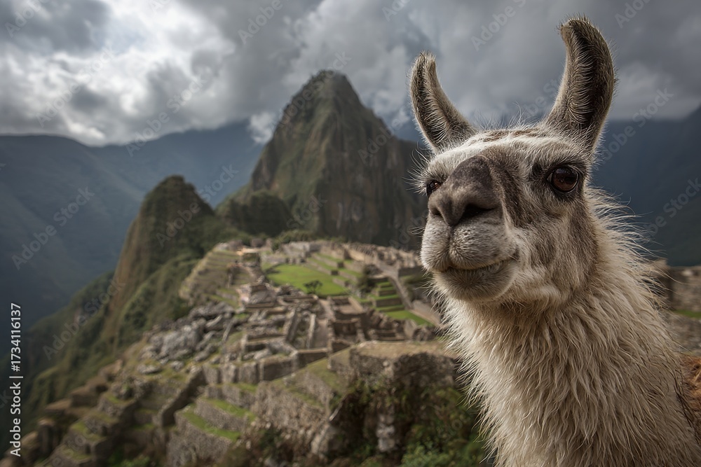 Fototapeta premium Exploring the Awe of Lama in the Ancient City of Machu Picchu: An Adventure in the Andes