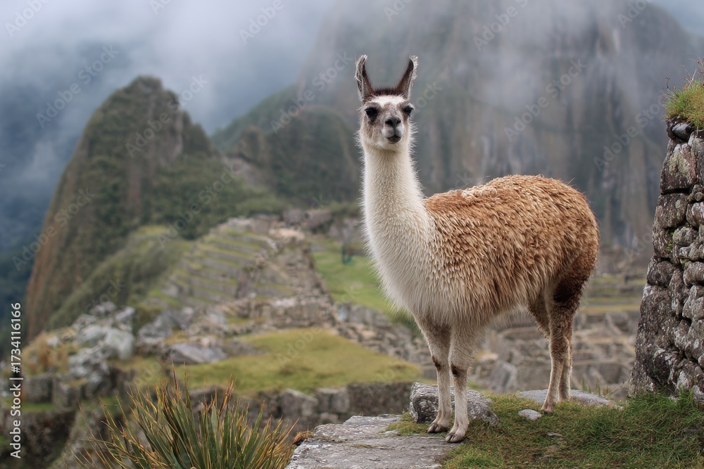 Fototapeta premium Inca Machu Picchu Adventures: An Amazing Journey Through Ancient Andes with Llamas
