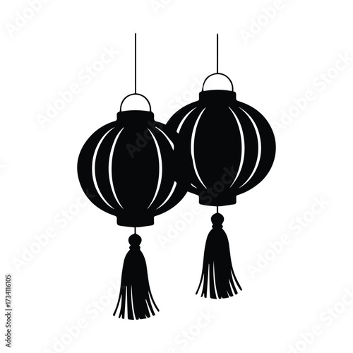 Decorative black chinese lanterns with tassels hanging independently for festive asian ambiance silhouette