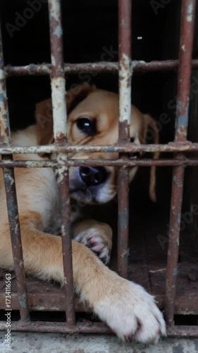 Dog behind bars looking sad in a metallic cage