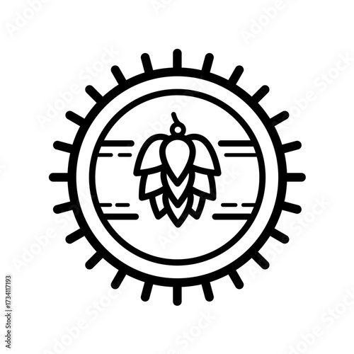 Beer bottle cap with hop logo - line vector icon