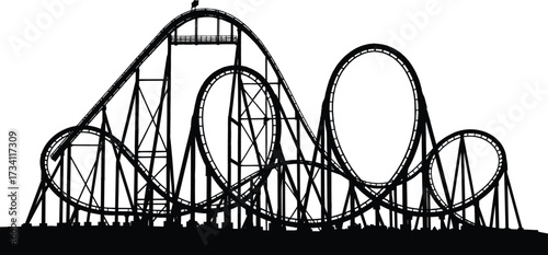 Silhouette roller coaster with loops, twists, vertical climb, steep drop, amusement park ride structure for thrill, physics, engineering, excitement illustration