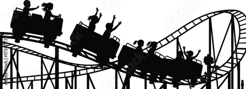Silhouette of roller coaster with steep drops, raised hands, dynamic curves, thrill ride emotion, amusement park excitement vector illustration artwork