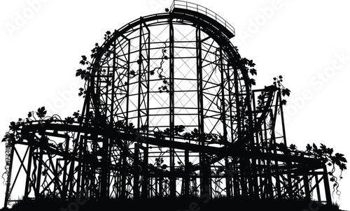 Silhouette of abandoned roller coaster overtaken by vegetation, vines on structure, post-apocalyptic decay, nature reclaiming amusement park ride vector illustration