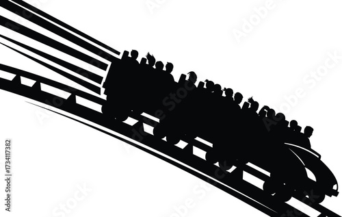 Silhouette of fast roller coaster descending steep track with raised hands, motion lines, thrill ride energy, amusement park vector illustration