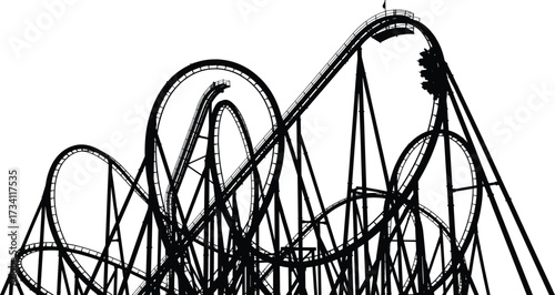 Silhouette of dynamic roller coaster with loops, twists, steep drop, structural beams, thrill ride cars, amusement park excitement vector illustration