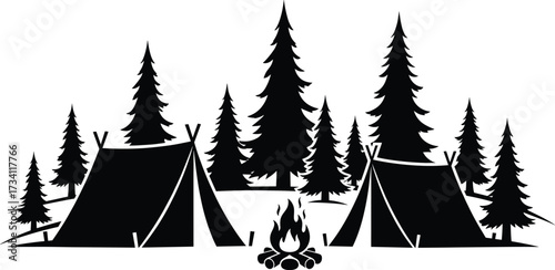 Forest camping silhouette with tents, campfire, pine trees—black and white outdoor scene for nature, adventure, and recreational design themes