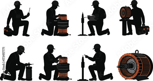 Industrial worker performing electric motor maintenance process with safety gear, inspection tools, lubrication, assembly, repair, and technical engineering steps illustration