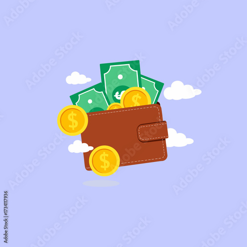 Fotografía brown wallet with dollar bills and golden coins, symbolizing money, income, savings, and financial management