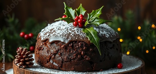 Rich dark fruitcake, iced & decorated with holly,   holiday season,   spice