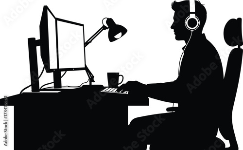 Silhouette of person with headphones working at desk with dual monitors, lamp, coffee mug, and chair in modern setup.
