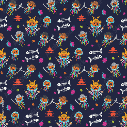 Seamless Halloween pattern with jellyfish samurais pumpkins and floating temples vector