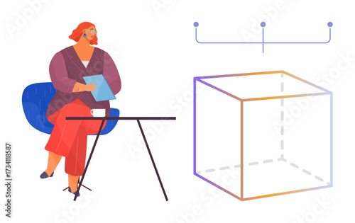 Woman seated with a tablet at a desk observing a 3D cube illustration. Ideal for technology, design, education, innovation, analysis, creativity, brainstorming. A clean flat metaphor
