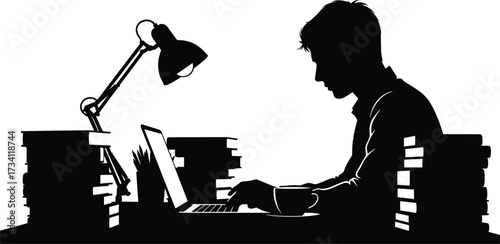 Silhouette of person studying at desk with laptop, books, lamp, pen holder, and focused posture in modern research setup.