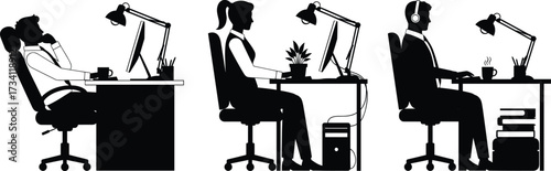 Silhouettes of three people working at desks in different postures with lamps, coffee, books, and computers in modern workspace.
