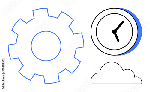 Gear with clock and cloud evokes teamwork, time management, and digital innovation. Ideal for productivity, process efficiency, technology, data storage, cloud computing, planning simple flat