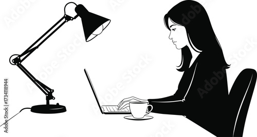 Silhouette of woman working at desk with laptop, lamp, coffee cup, and saucer in modern focused home office setup.