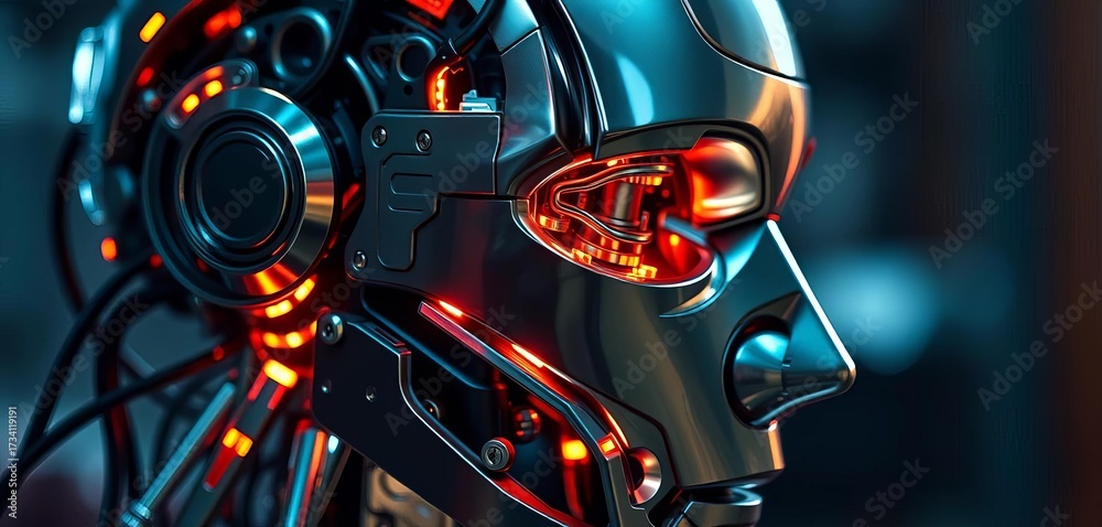 Fototapeta premium Close-up of a metallic robot head, intricate circuitry glowing faintly, circuitry, fiction