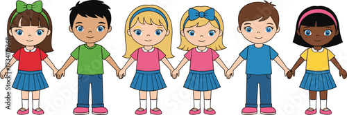 Cartoon children holding hands together, diverse kids group illustration, unity friendship concept, happy multicultural students, equality, teamwork, peace, childhood education