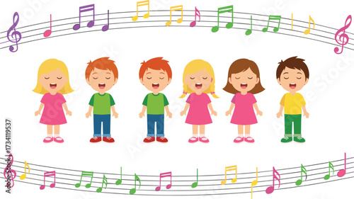 Group of happy children singing together, colorful musical notes background, kids choir performance, fun music education, school concert illustration, harmony