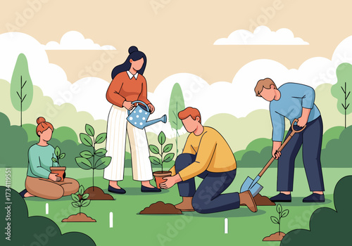 A dedicated team of volunteers planting young saplings in a public park. A flat vector illustration of reforestation and environmental care