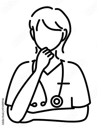 	病院ユニフォームを着て腕組みして悩む女医