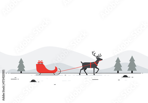 Festive reindeer pulling sleigh in winter wonderland snowy landscape digital calm environment side view christmas spirit