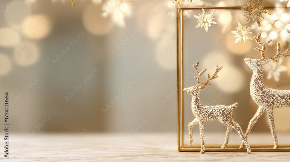 Fototapeta premium A sparkling holiday decoration featuring two elegant reindeer in a golden frame, set against a blurred festive backdrop, cute Christmas frame