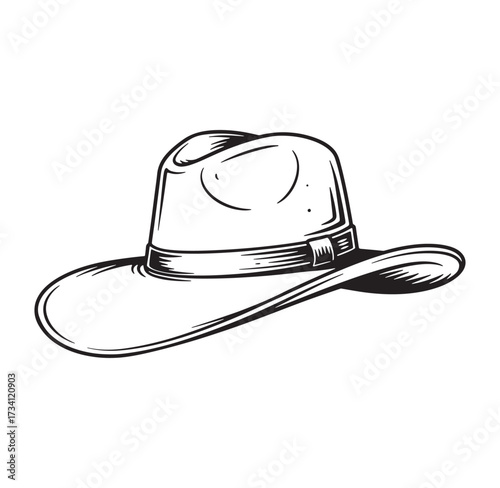 Vintage monochrome illustration of a classic cowboy hat in a simple graphic style