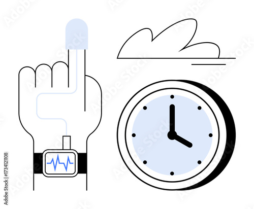 Hand with biometric wearable tracking vitals, clock indicating time, and minimal cloud design. Ideal for fitness, health, technology, lifestyle, self-care innovation medical themes. Simple flat