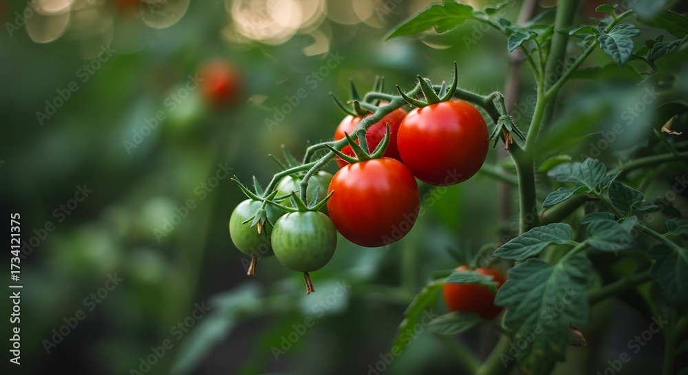 Fototapeta premium Ripe tomatoes on vine fresh produce display with green foliage