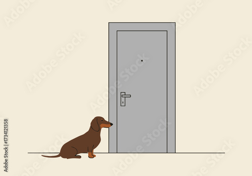 Curious dog waiting by a door home interior digital minimalistic environment side view anticipation