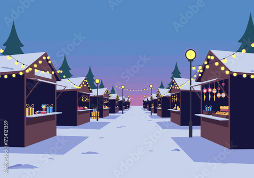 Winter market scene with festive stalls snowy landscape digital evening ambiance holiday cheer