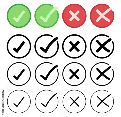 Check and Cross Icon Grid — Approval and Error Symbols in Color and Outline Styles for Feedback UI, Forms, and Educational Design