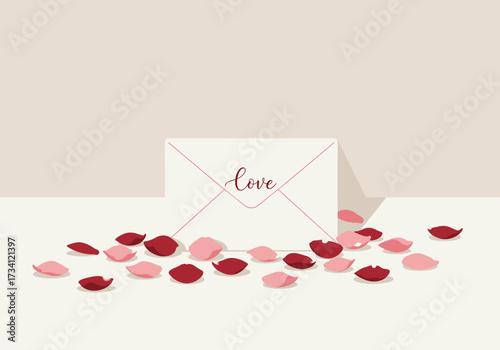 Romantic love letter with petals indoor setting graphic design soft colors minimalist viewpoint