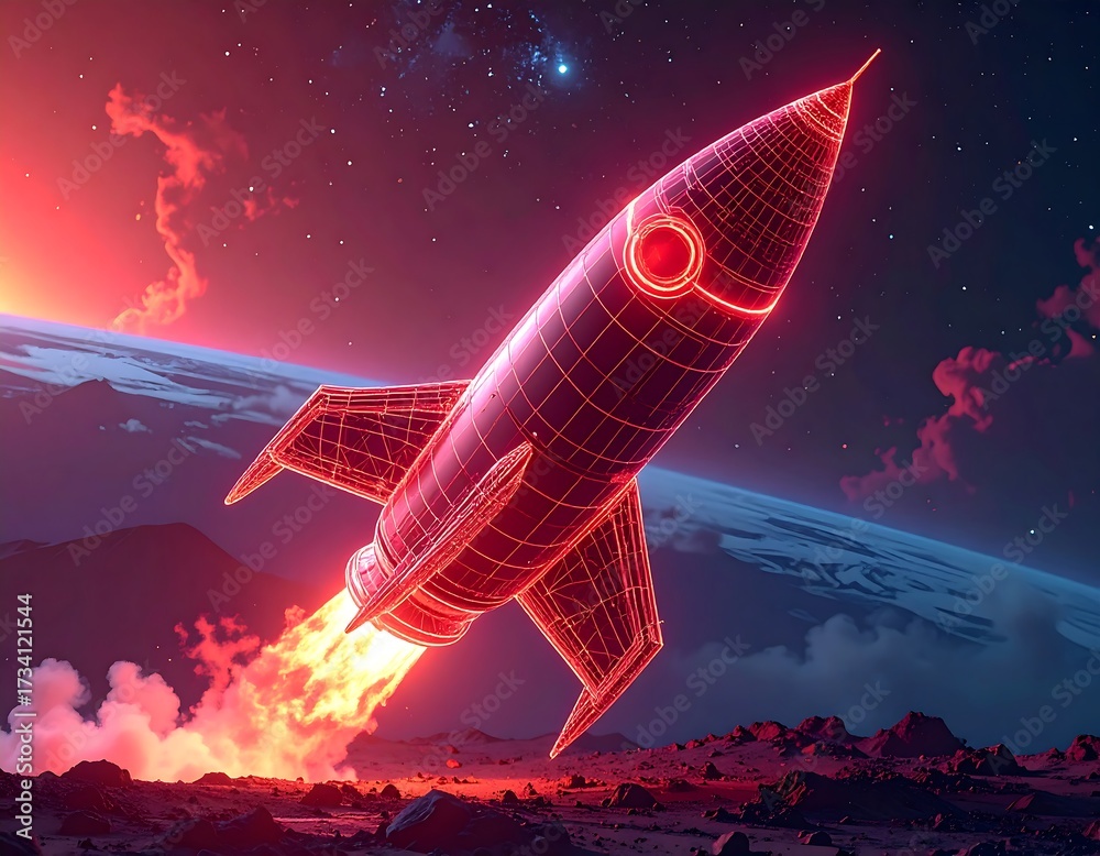 Fototapeta premium Red rocket launching into space