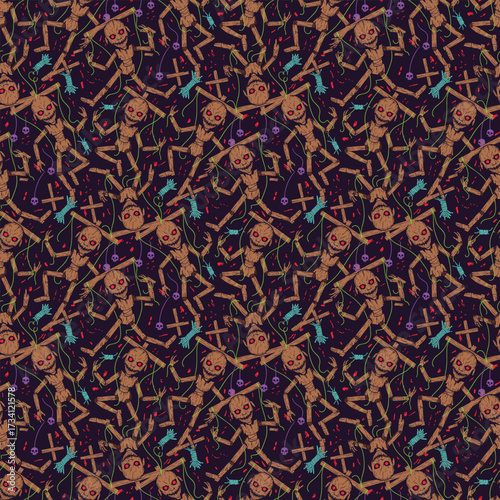 Halloween seamless pattern with haunted marionette puppets