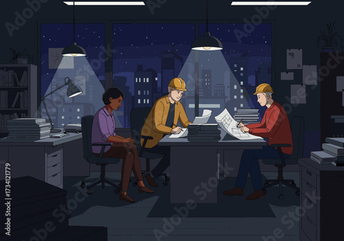 Late night collaboration among architects urban office creative workspace focused teamwork