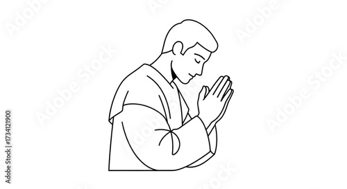 Simple line drawing,illustration of a man in prayer during lente in a modern flat style, isolated on a white background