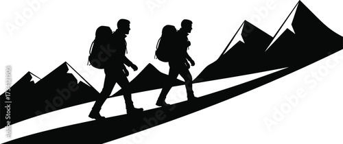 Mountain hiking silhouette with two trekkers, backpacks, gear—black and white outdoor adventure scene for nature, fitness, and exploration themes