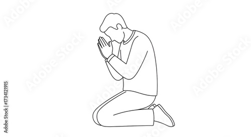 Simple line drawing,illustration of a man in prayer during lente in a modern flat style, isolated on a white background