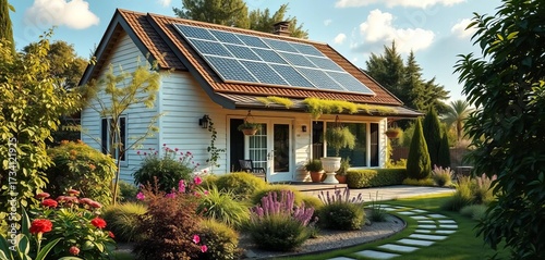 Eco-friendly home with solar panels and lush garden,  panels,  architecture