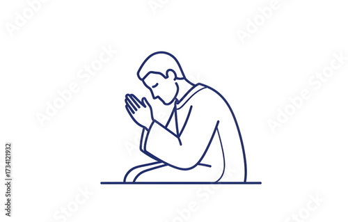 Simple line drawing,illustration of a man in prayer during lente in a modern flat style, isolated on a white background