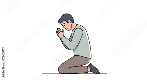 Simple line drawing,illustration of a man in prayer during lente in a modern flat style, isolated on a white background