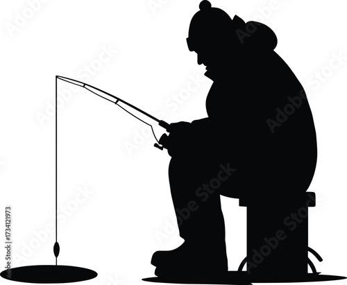 Silhouette of person ice fishing with rod, hat, and gear on frozen lake in peaceful winter outdoor scene.